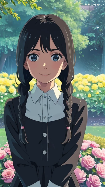 (1girl, solo, highly insanely detailed, masterpiece, top quality, best quality, highres, 4k, 8k, RAW photo),((innocent look)),((Childish)),From the front, symmetrical composition,smile,cute,Innocent,Kind eyes, kotonoha no niwa, park,flowers,lawn,trees, The Garden of Words, (wednesday_addams), upper body, dress, black dress