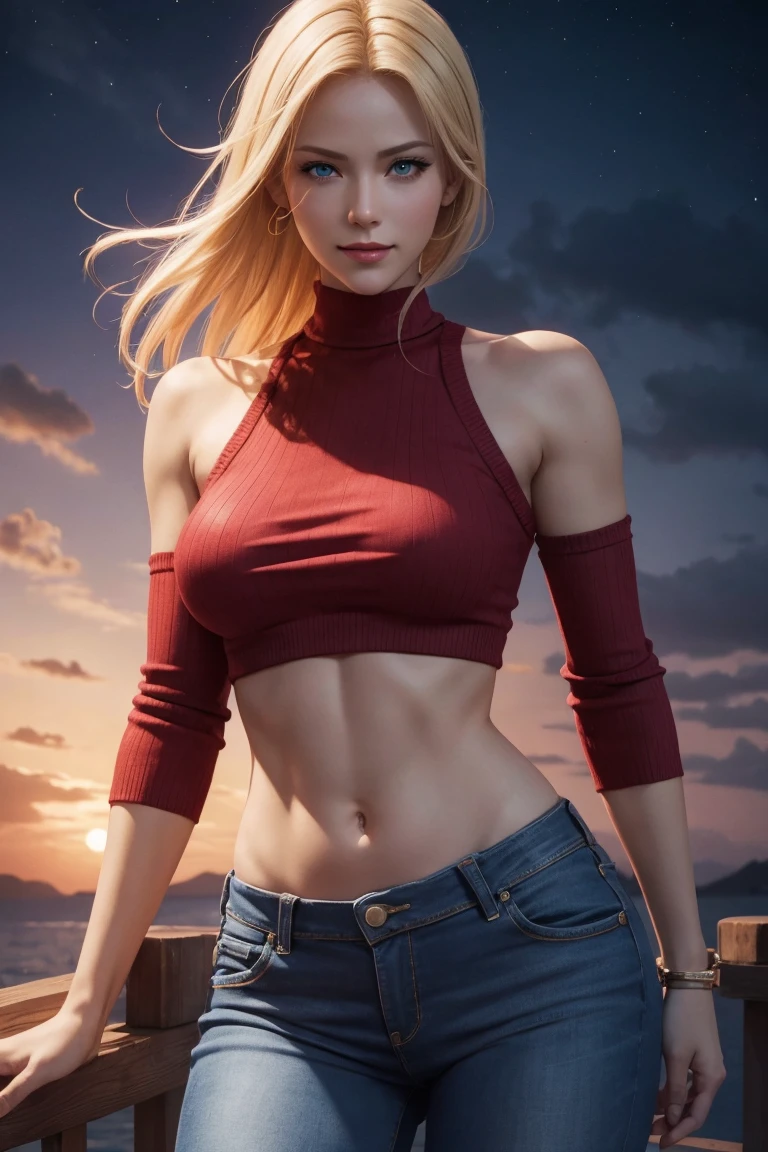 KOF,King of Fighters,Blue Mary,Blue Eyes,Blonde Hair,Medium Hair,Beautiful white skin,Photorealistic,Ultra HD,high quality,masterpiece,Digital SLR,Detailed details,Intricate details,Anatomical basis,Depicted in detail,A detailed face,Realistic skin texture,Vivid details,Perfect Anatomy,Perfect Anatomy,Anatomically correct hand,Anatomically correct fingers,Super Detail,Complex 3D rendering,Sexy pose,Red knitted tops,No sleeve,jeans,Fantasy worldview,Beautiful red sea,Beautiful Red Moon,Beautiful night sky,Petals of roses dance,Picturesque,Pink Lips,smile,