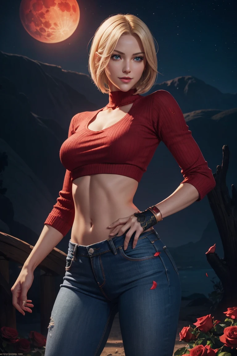 KOF,King of Fighters,Blue Mary,Blue Eyes,Blonde Hair,Medium Hair,Beautiful white skin,Photorealistic,Ultra HD,high quality,masterpiece,Digital SLR,Detailed details,Intricate details,Anatomical basis,Depicted in detail,A detailed face,Realistic skin texture,Vivid details,Perfect Anatomy,Perfect Anatomy,Anatomically correct hand,Anatomically correct fingers,Super Detail,Complex 3D rendering,Sexy pose,Red knitted tops,No sleeve,jeans,Fantasy worldview,Beautiful red sea,Beautiful Red Moon,Beautiful night sky,Petals of roses dance,Picturesque,Pink Lips,smile,