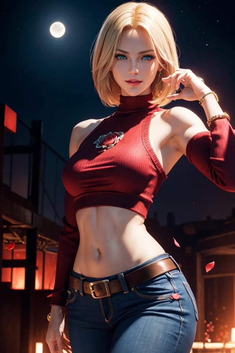 KOF,King of Fighters,Blue Mary,Blue Eyes,Blonde Hair,Medium Hair,Beautiful white skin,Photorealistic,Ultra HD,high quality,masterpiece,Digital SLR,Detailed details,Intricate details,Anatomical basis,Depicted in detail,A detailed face,Realistic skin texture,Vivid details,Perfect Anatomy,Perfect Anatomy,Anatomically correct hand,Anatomically correct fingers,Super Detail,Complex 3D rendering,Sexy pose,Red knitted tops,No sleeve,jeans,Fantasy worldview,Beautiful red sea,Beautiful Red Moon,Beautiful night sky,Petals of roses dance,Picturesque,Pink Lips,smile,