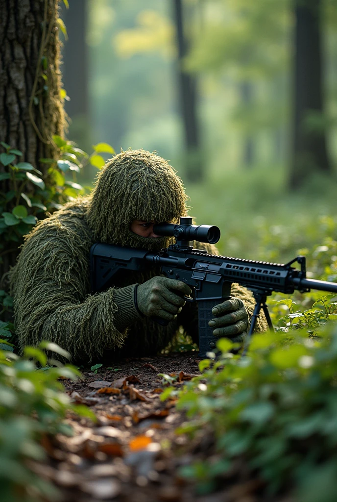 Man in ghillie suit in a bush with a sniper rifle