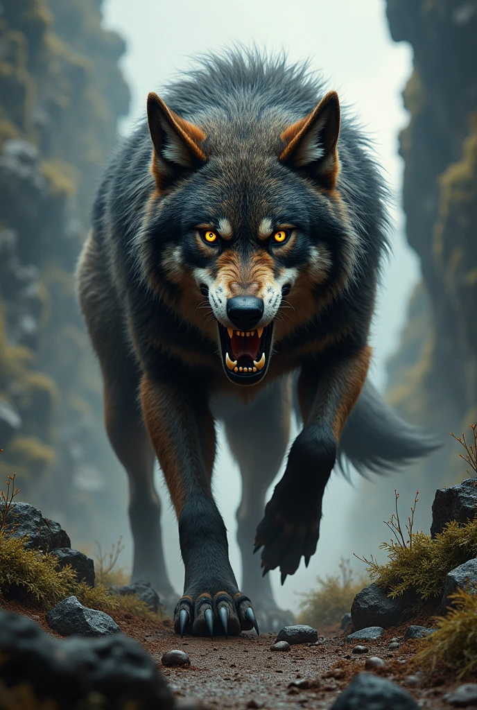 Create an image of a wild and angry wolf with the words “1º PEL” and “CATEIA”.
