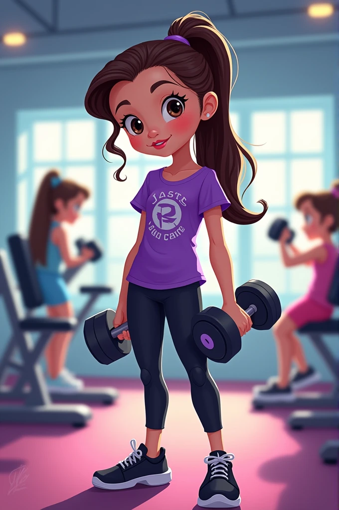 Disney-style poster with a girl in the gym, combed with ponytail dark brown hair and straight, Purple sleeved blouse and black sports leggings, black tennis shoes,  a dumbbell in each hand, In the background you can see dumbbells and two girls on machines 