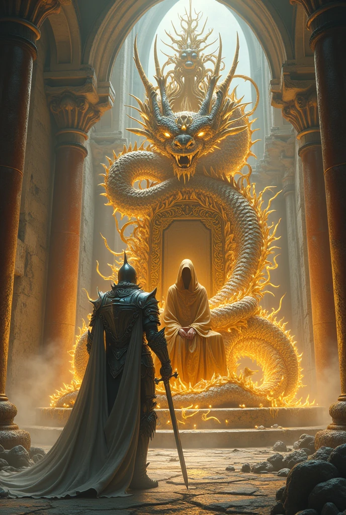 A knight wearing silver dragon armor and holding a sword walks towards a throne full of thorns with a silver Chinese dragon hovering beside him.,The thorns shine with golden light,On the throne sat a pagan in a hood and golden garments.,The entire palace was in pieces.