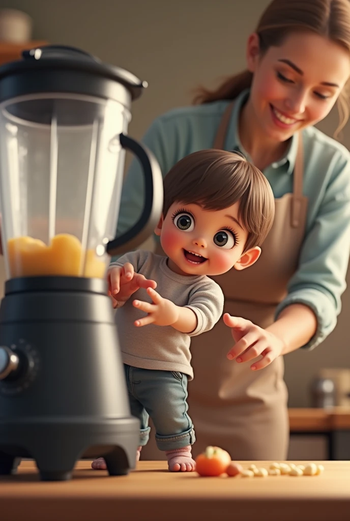 A child using a blender under adult supervision