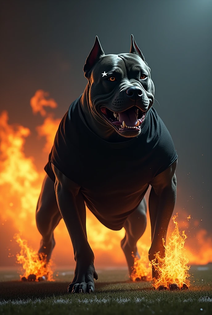 A large dark gray pitbull dog, very strong, standing as if he were human, stark, Jumpy face, snarling, showing teeth, Jumpy, around one of the dogs'the eyes a white star is tattooed. Fire comes out of the dog'The dog's left paw. No fundo, Flames of fire come out from behind the dog. The dog wears a black shirt. Background of a football field at night , Void, grimdark.