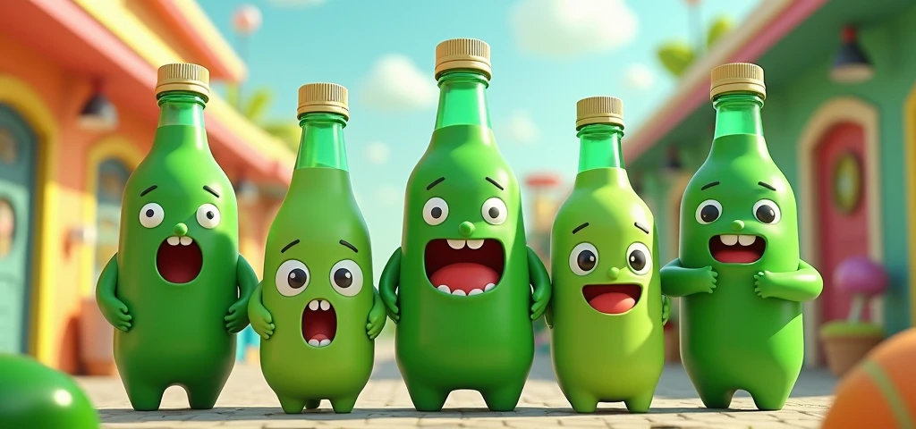 several green PET bottles with human features, dollynho soda mascot
