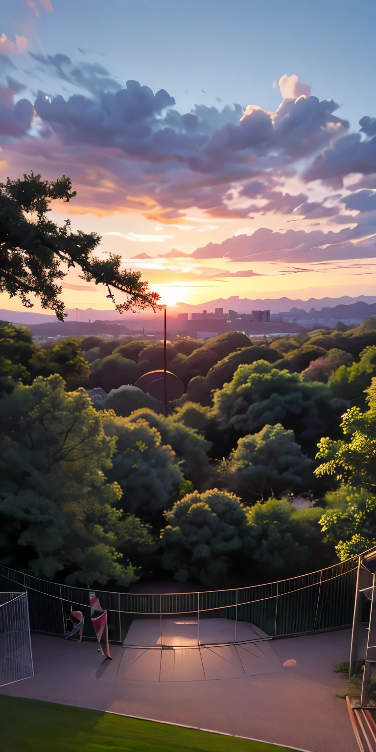 Country parks、Jungle gyms and swings are visible.、Just before the sun goes down、Beautiful sunset