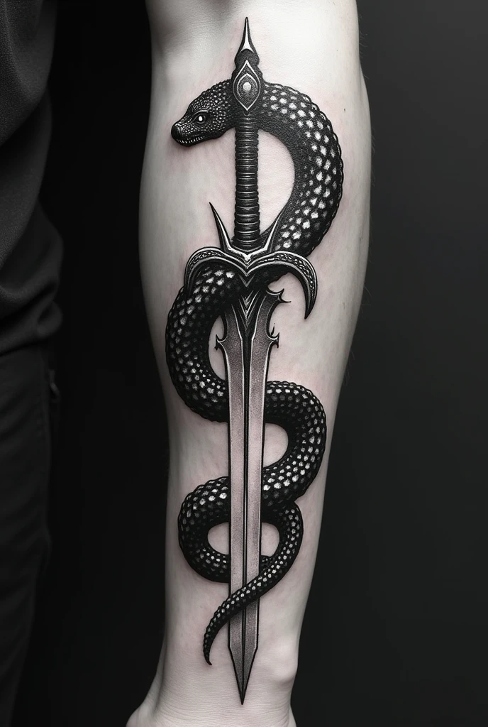 Black and white tattoo of a king cobra wrapped around the firesword in dark souls 3