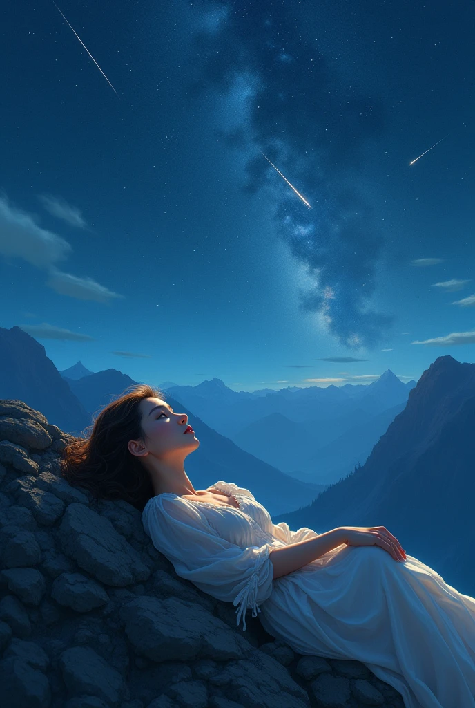a girl lying on the top of a mountain looking at the starry sky and a shooting star falls on it