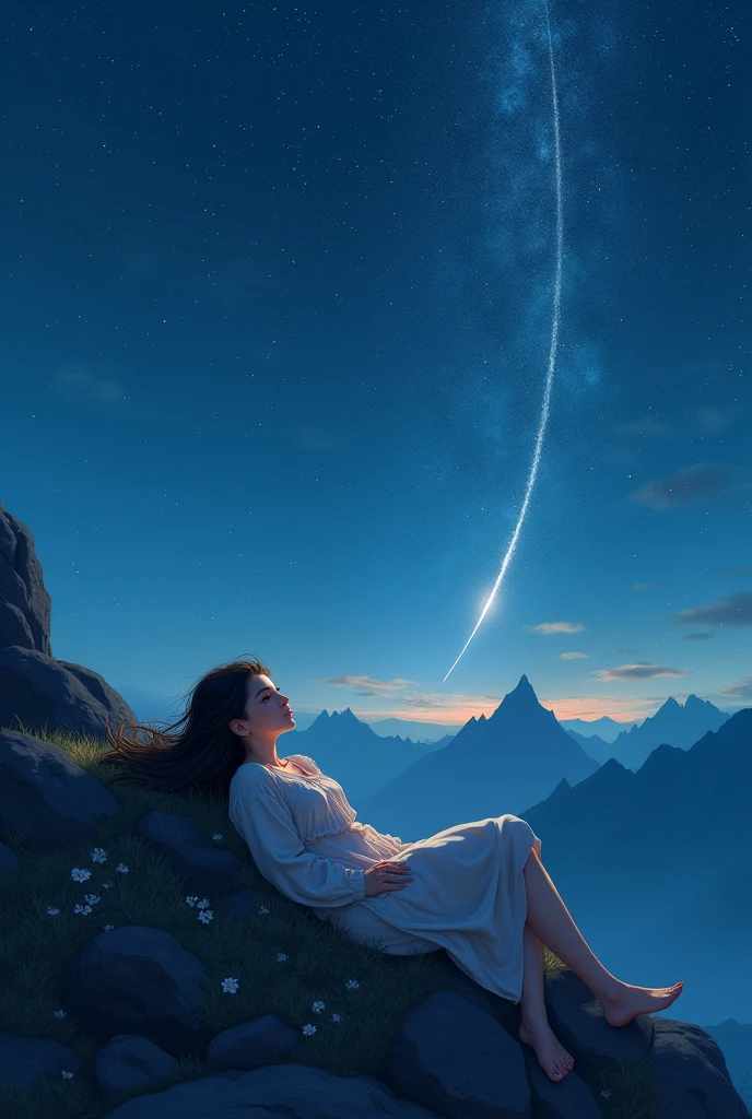 a girl lying on the top of a mountain looking at the starry sky and a shooting star falls on it