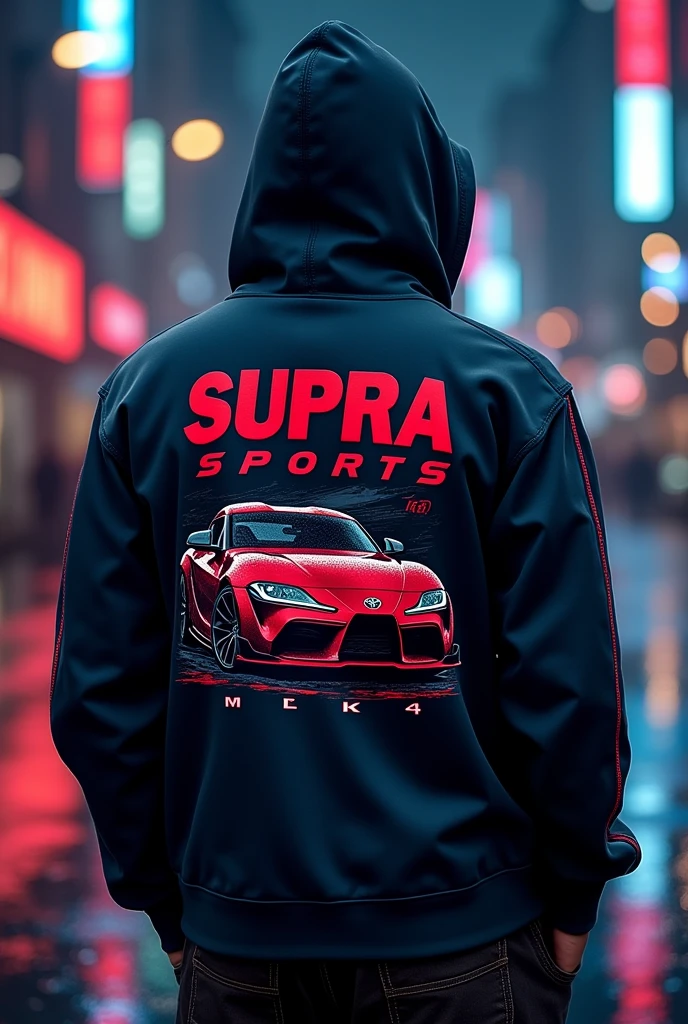 Realistic Toyota Supra Hoodie Design On the back of the hood In the image, the Toyota Supra MK4 is realistically depicted. The background should be dark, with reflections of neon lights on a wet road. The design includes stylized text that reads “SUPRA” in large red letters with a glitch effect, as well as smaller text for “SPORTS” and “MK4.” Japanese characters were also added to complement the overall aesthetic. Without vintage
