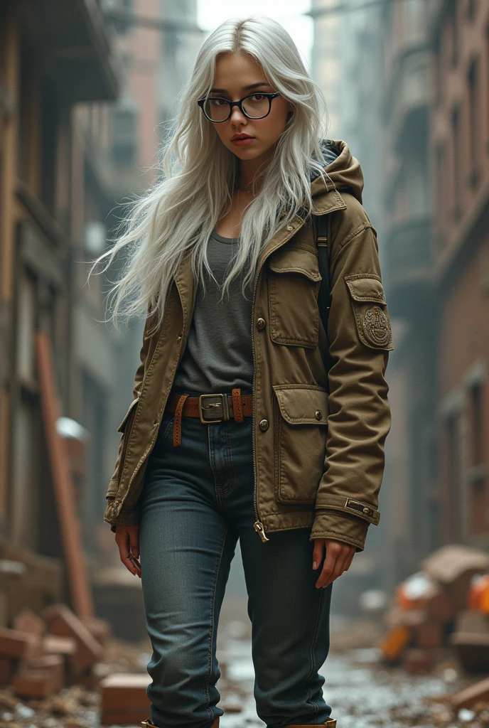 A girl with white hair, red eyes and black glasses (with bricklayer clothes showing full body)