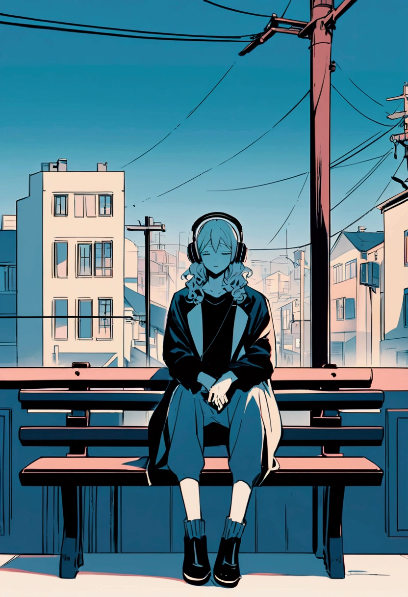 Anime style illustration of a boy sitting on a city bench. he長い間, She has light wavy hair and is wearing headphones. he、Dressed casually with a dark shirt and loose coat over his clothing。. In the background there is a street with buildings and utility poles., Beautifully drawn, With minimalist lines. The overall color scheme is soft and dark., Gives the image a calm and relaxing feel."Vocaloid