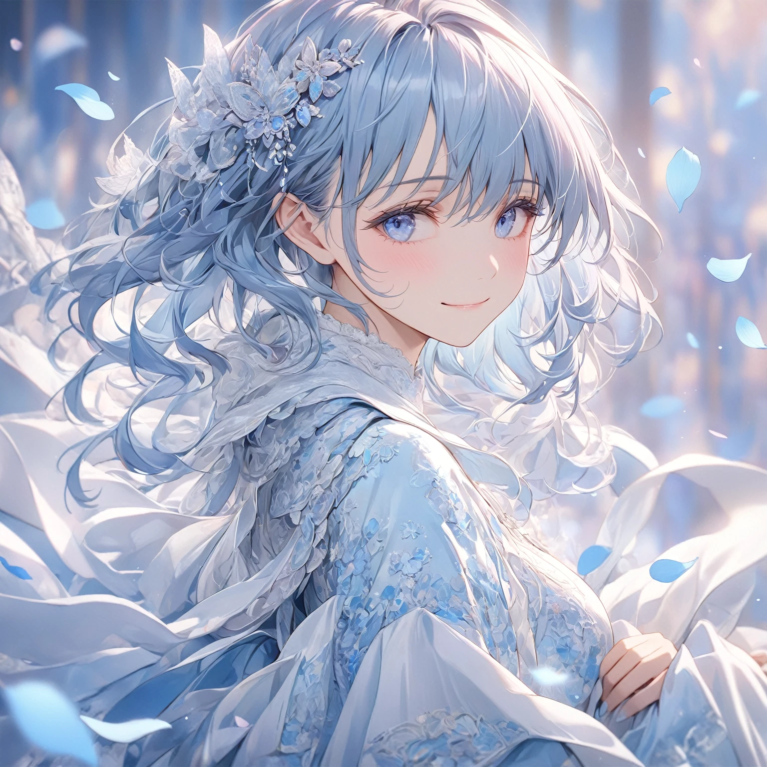 (masterpiece),(highest quality:1.2),beautiful detailed blue eyes,(beautiful silky pastel blue hair:1.2),((blue and white costume)),Disappointed,shy smile,pastel tones, Delicate pastel blue blend into intricate patterns,The background is soft and blurry,The pastel blue petals are soft, Magical colors and atmosphere