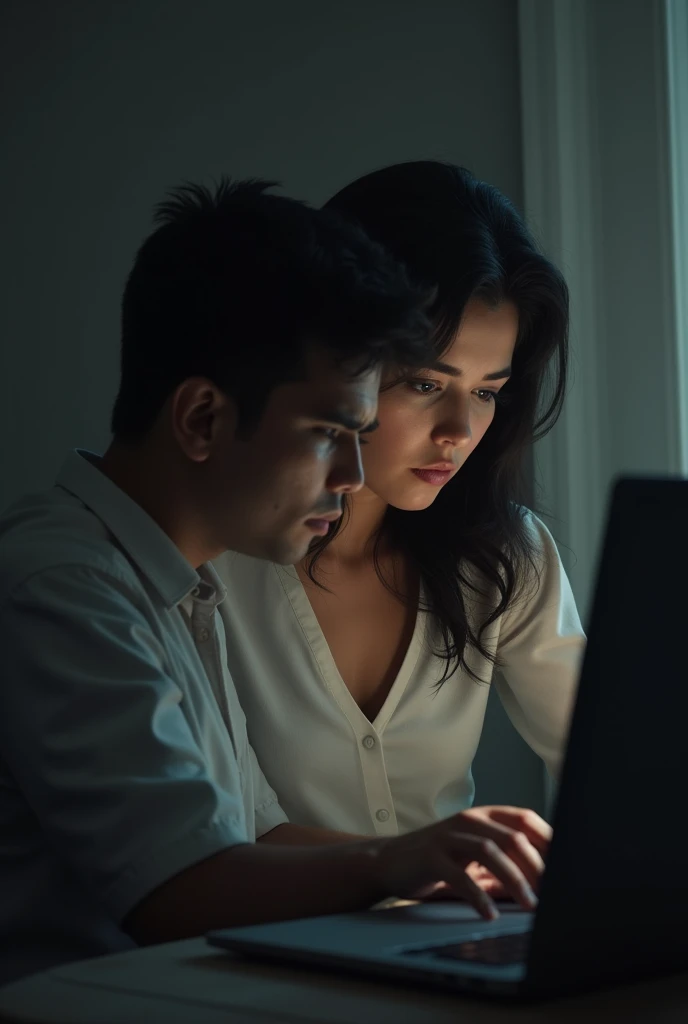 
Crie uma imagem realista, Profile , of a couple, without the face appearing. A Woman 30 years old, Brazilian, white, dark haired, is concerned about helping her husband, because she sees him working on the computer and looking exhausted. The lighting is soft, but a little dark, highlighting the atmosphere of concern and uncertainty.




