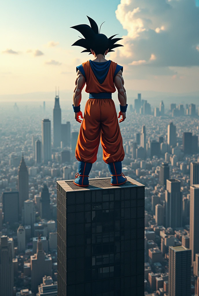 Goku standing on top of a building looking at the city