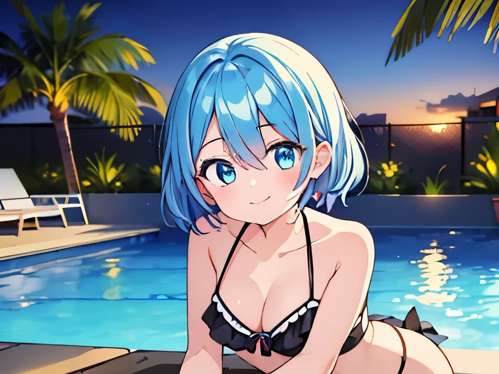 ((masterpiece)), ((best quality)), (ultra-detailed), pool, night, a cute girl, 1girl, solo, bikini, ((beautiful eyes)), smile, beautiful blue hair