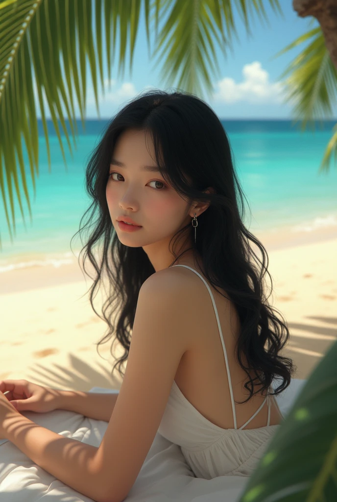 Japanese girl gravure black hair beach nude