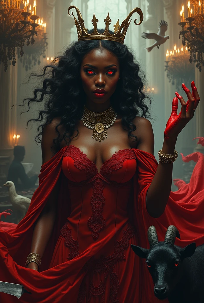 (photorealism:1.2), beautiful african woman, diosa reina hell, Chandeliers. candles, long wavy fur, wind. risa , hair curlers, funny macabre, evil, blood on hands. Cigarettes, umbanda, dove, hell, glass of champagne, cauldron, Red eyes. corona, black feathers, Skins, black goat, dead men, spirits, cemetery, red cape, shoulder pads, naked, trident, Knives, men watching, rose, naked naked woman, african , illuminated, mucho wind fuerte , keys, jewelry, full moon
