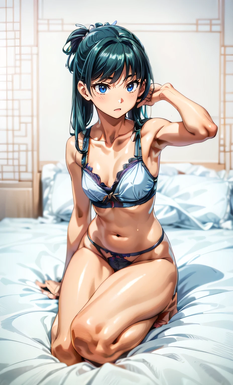 (Masterpiece, High Quality, Top quality, High-Detailed, Detailed CG, Cinematic Shadow, Cinematic Scene, Beautiful Detailed Eyes, Ultra Resolution, Depth of Field, High Resolution, Masterpiece: 1.2), Anime Art style, Very Detailed, Dynamic Angle,  Style, Detailed Green Hair, Detailed Blue Eyes, Purple Eye, Slim Body, Sparkling Eyes, Sparkling Detailed Eyes, Hair Accessory, Earrings, Slightly Blunt Bangs, Looking at the Audience, Cute, Five Finger, (Angry Expression:1.2), (Ancient Chinese Undergarments: dudou [Bellyband], [Pocket], [pocket]), (Ancient Chinese Undergarments"dudou":1.2), lingerie, Underwear, Good Composition, Legs, Wet, Water, Thighs, Small Breasts, Small Size Breasts, Blur Background, Chinese Architectures