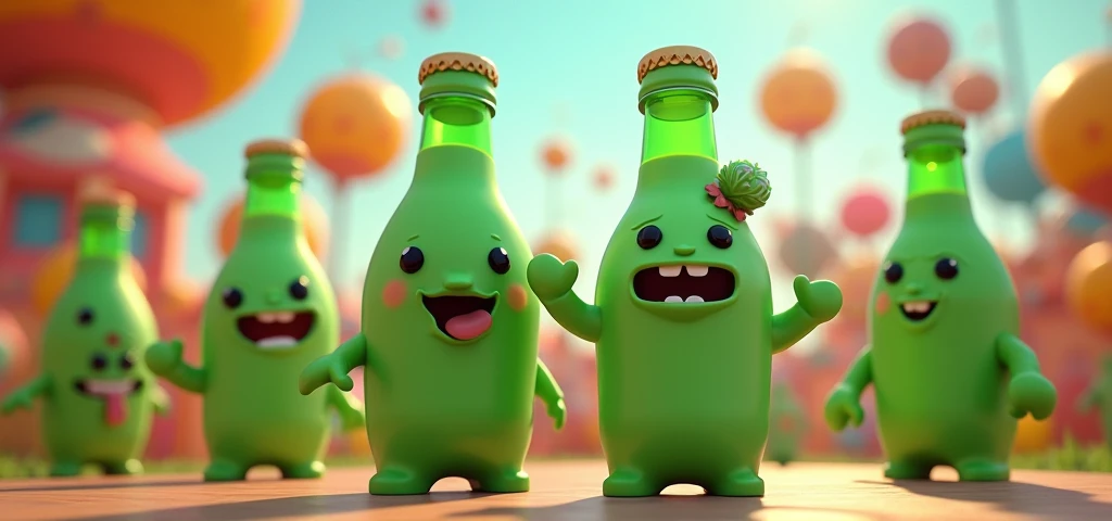 several green PET bottles with human features, dollynho soda mascot

