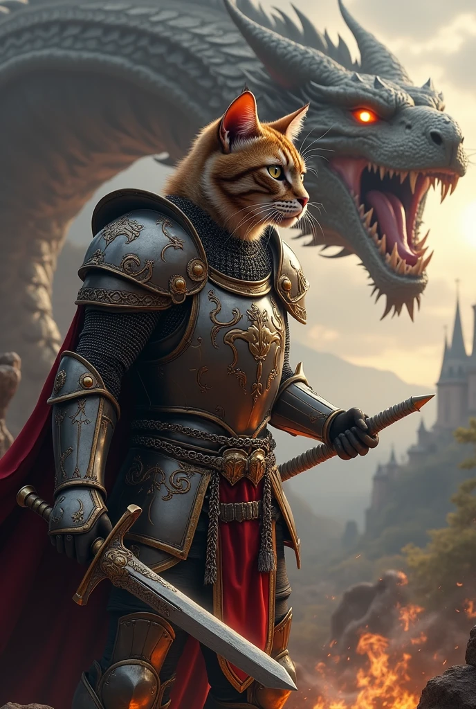 Cat with knight armor, medieval style, defeating a dragon
