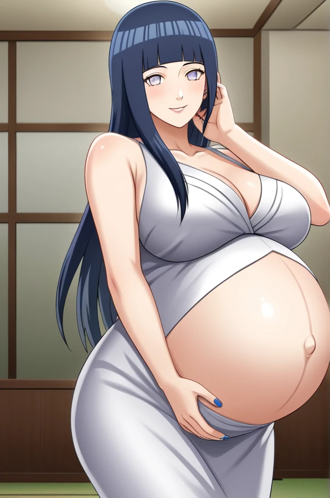 HYUUGAHIN, LIGHT GRAY TOP, "BLACK LONG HAIR", BLUE EYES, 1GIRL, BLUNT BANGS, Hinata Hyuga, Naruto: The Last, long indigo hair, straight hair, soft bangs, pale lavender eyes, mature, refined, elegant,
high-quality, ultra-detailed, beast quality, 8K resolution, anime style,
looking at viewer, dutch angle, cowboy shot, smile, pregnant belly, large belly, big belly, big Breasts, belly button,
1girl,solo, indoors, happy, Smiling, rub belly,
full body, Nail polish,