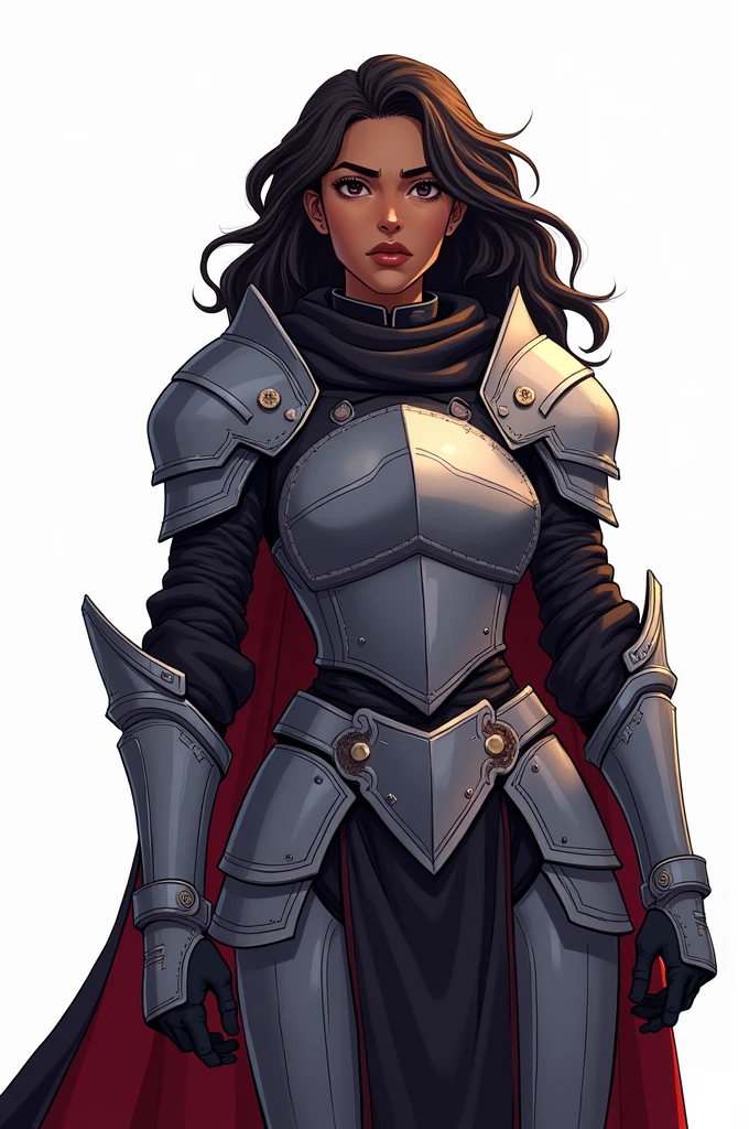 d&d, black female, Loose and wavy hair, heavy medieval armor that covers the entire body, Elsword, two tone lighting, hight contrast, dramatic light and shadow, Dramatic resources, color palette Vibrantes, white background, traditional comic art, cartoon artwork, menos realista, saturated colors, no details, simple comic art, simple medieval armor, no extravagance, heroic pose, gazing at the horizon, traditional comic art
