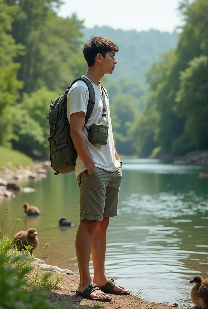 Summer clothing。Male college student。Observing wildlife in the river。A pouch worn around the neck。There is a half-empty 1-liter plastic bottle inside.。