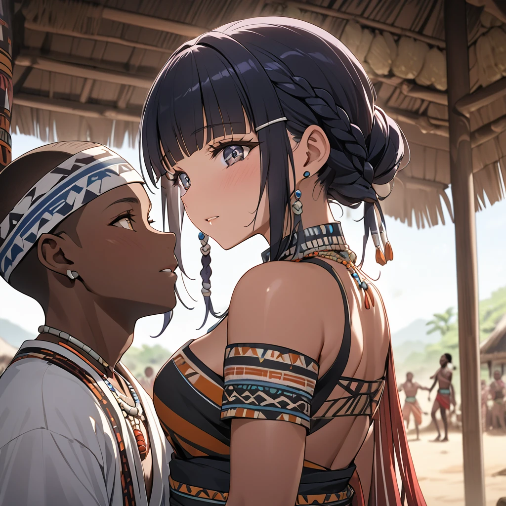 ((Highest quality)), ((masterpiece)), (detailed), (Perfect Face)、The woman is Reika Aoki, a black woman with dark skin, medium-long hair, which she braids into small braids and wears slicked back.、A woman is getting married to a tribal man in an African tribal village