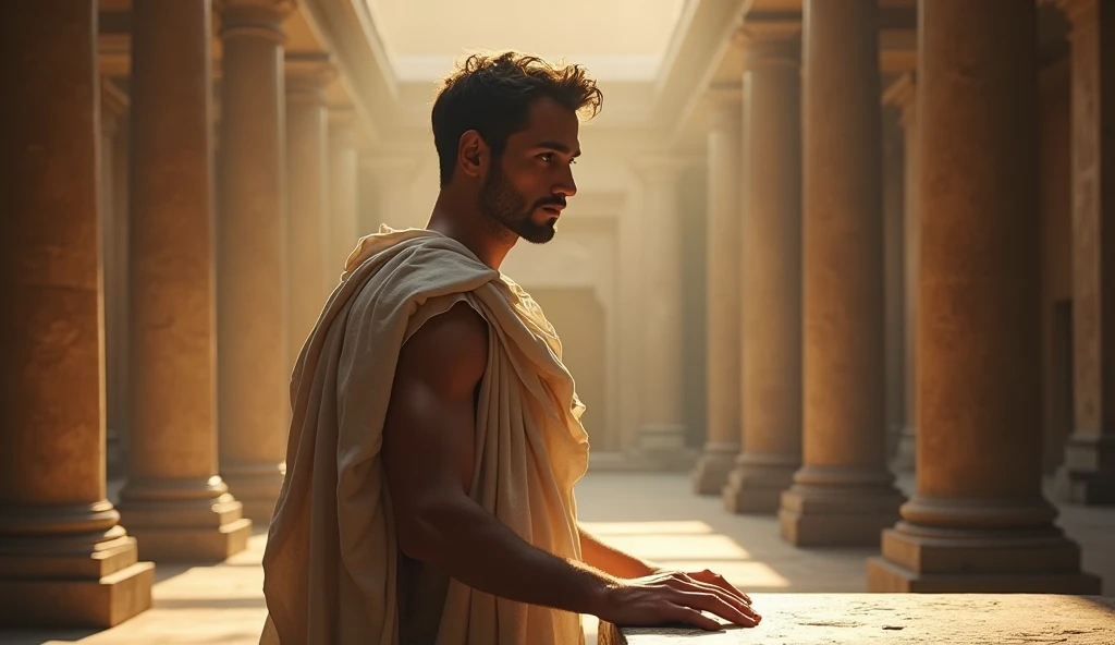 In a Roman atrium bathed in morning light, the young Stoic philosopher stands tall, his chest rising as he takes a deep breath. His eyes are focused and determined, no longer clouded by confusion. The light illuminates his face, emphasizing his renewed resolve. His hand rests on a scroll laid on a stone table, ready to make a decision grounded in reality. The drape of his tunic accentuates his strong form, and the open shoulder symbolizes his openness to the truth. The philosopher’s stance is firm, embodying his decision to move forward with clarity.