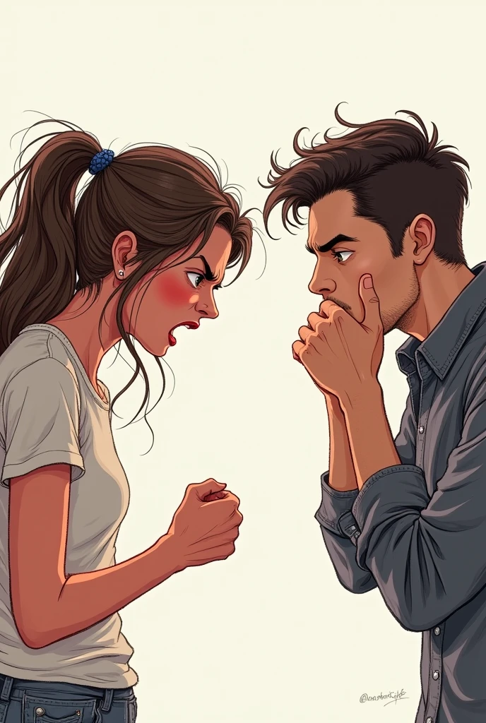 Draw an angry girl arguing with her boyfriend but he is not angry, He is looking at her with his head resting on his hand (Use, quiero A drawing, not something in 3d, A drawing)