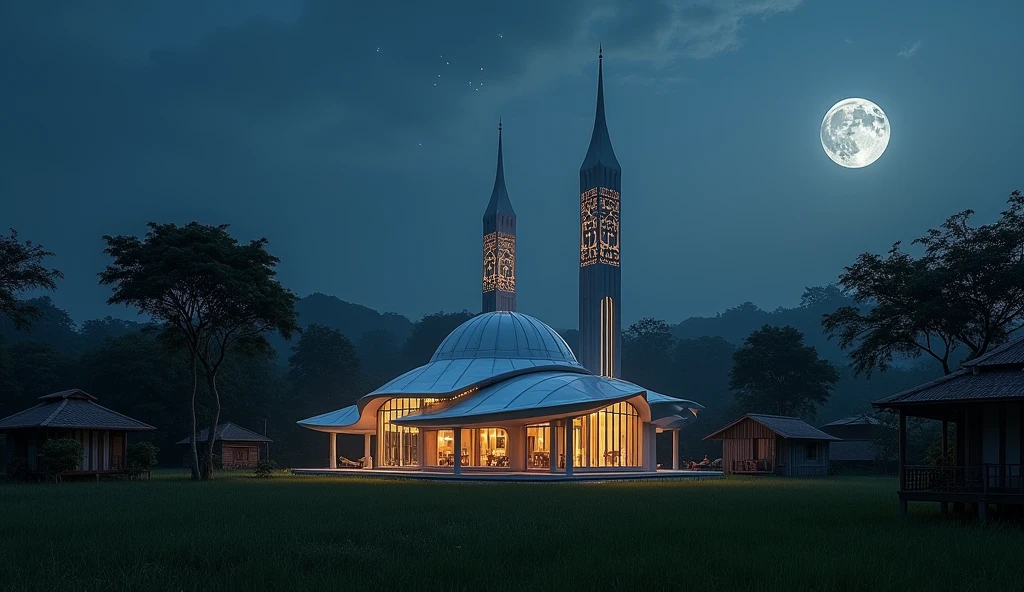 A tiny futuristic Malay style mosque in the middle of a village at night, Far point of view