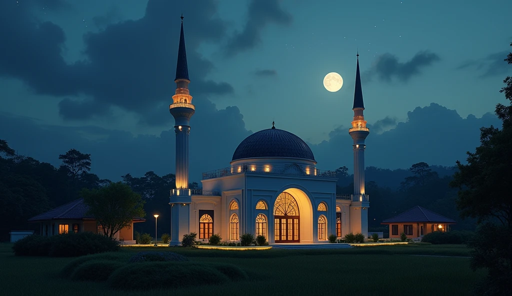 A tiny futuristic Malay style mosque in the middle of a village at night, Far point of view