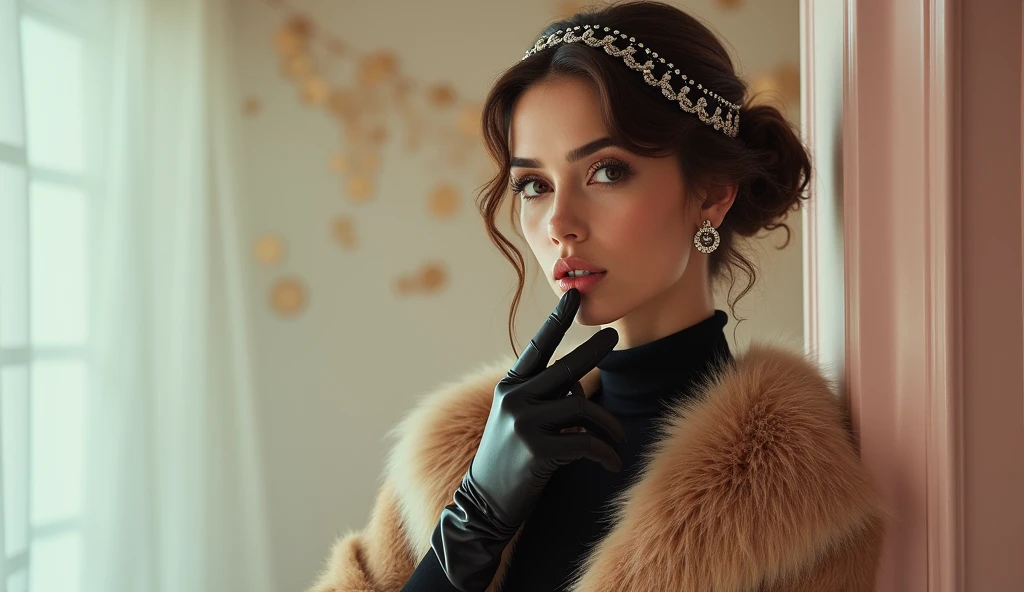 Create a YouTube cover photo thumbnail for a song titled 'Caigo en Ti (Fall Into You).' The thumbnail features a realistic glamorous woman with an elegant updo hairstyle, adorned with a bejeweled headband. She is wearing a luxurious fur coat and long leather gloves. The setting is sophisticated and dreamy, with soft lighting that enhances the ethereal, alternative/indie vibe of the song. The background should have subtle, abstract shapes or pastel gradients to complement the Dream Pop genre. Include the song title in a stylish, elegant font that fits seamlessly with the overall aesthetic