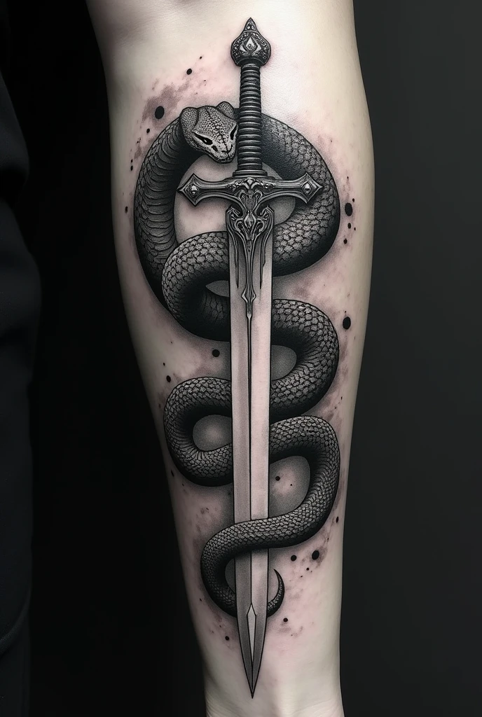 Black and white tattoo of a king cobra wrapped around the firesword in dark souls 3