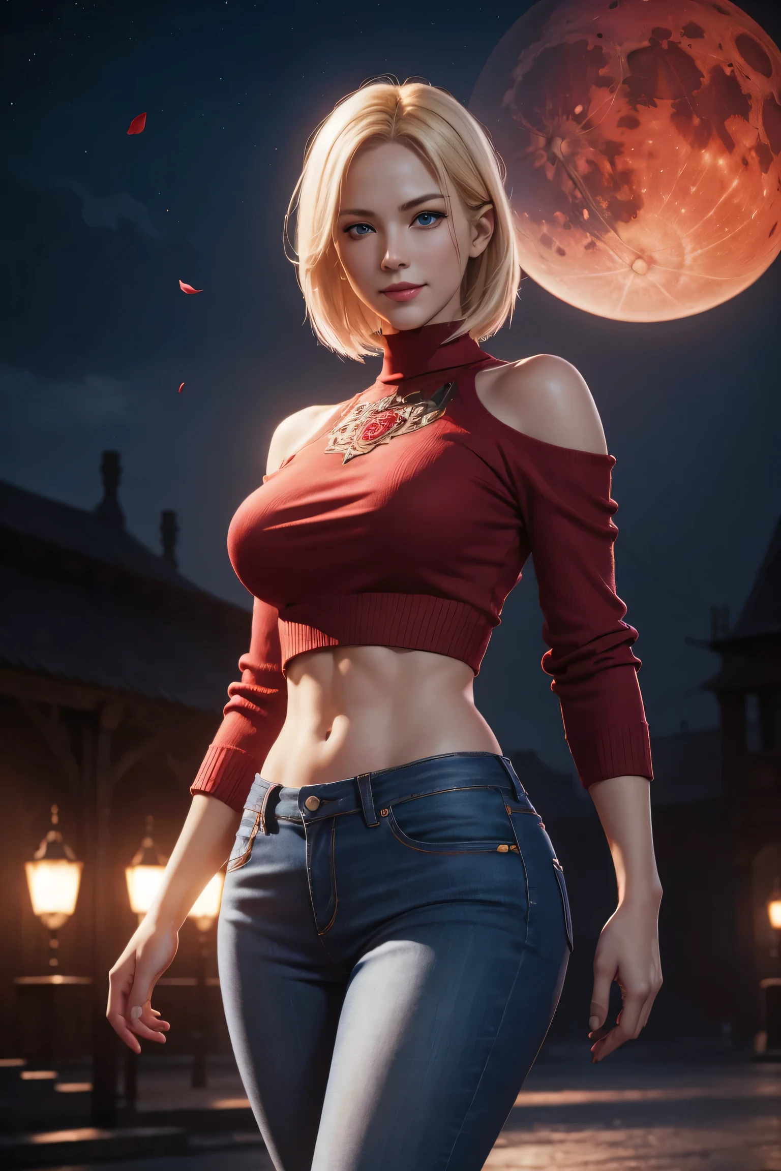KOF,King of Fighters,Blue Mary,Blue Eyes,Blonde Hair,Medium Hair,Beautiful white skin,Photorealistic,Ultra HD,high quality,masterpiece,Digital SLR,Detailed details,Intricate details,Anatomical basis,Depicted in detail,A detailed face,Realistic skin texture,Vivid details,Perfect Anatomy,Perfect Anatomy,Anatomically correct hand,Anatomically correct fingers,Super Detail,Complex 3D rendering,Sexy pose,Red knitted tops,No sleeve,jeans,Fantasy worldview,Beautiful red sea,Beautiful Red Moon,Beautiful night sky,Petals of roses dance,Picturesque,Pink Lips,smile,