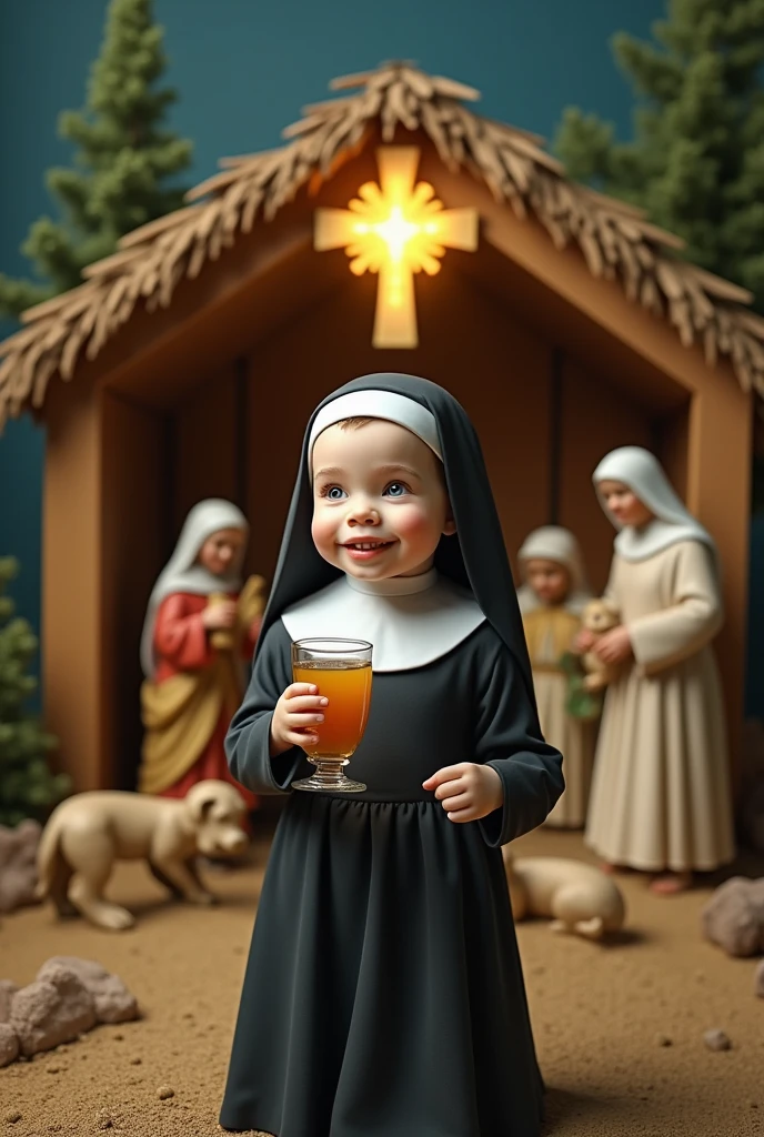 Cute catholic bizarre photo, have alcohol in hand, a manger