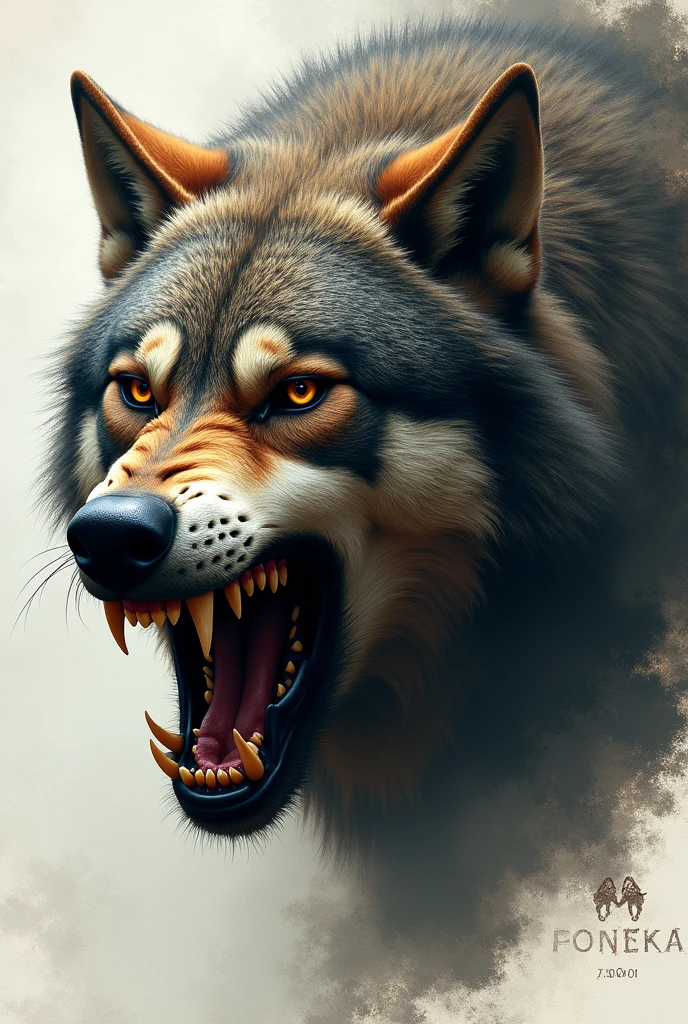 Create an image of the head of a wild and angry wolf with the words PACK and 1º PEL