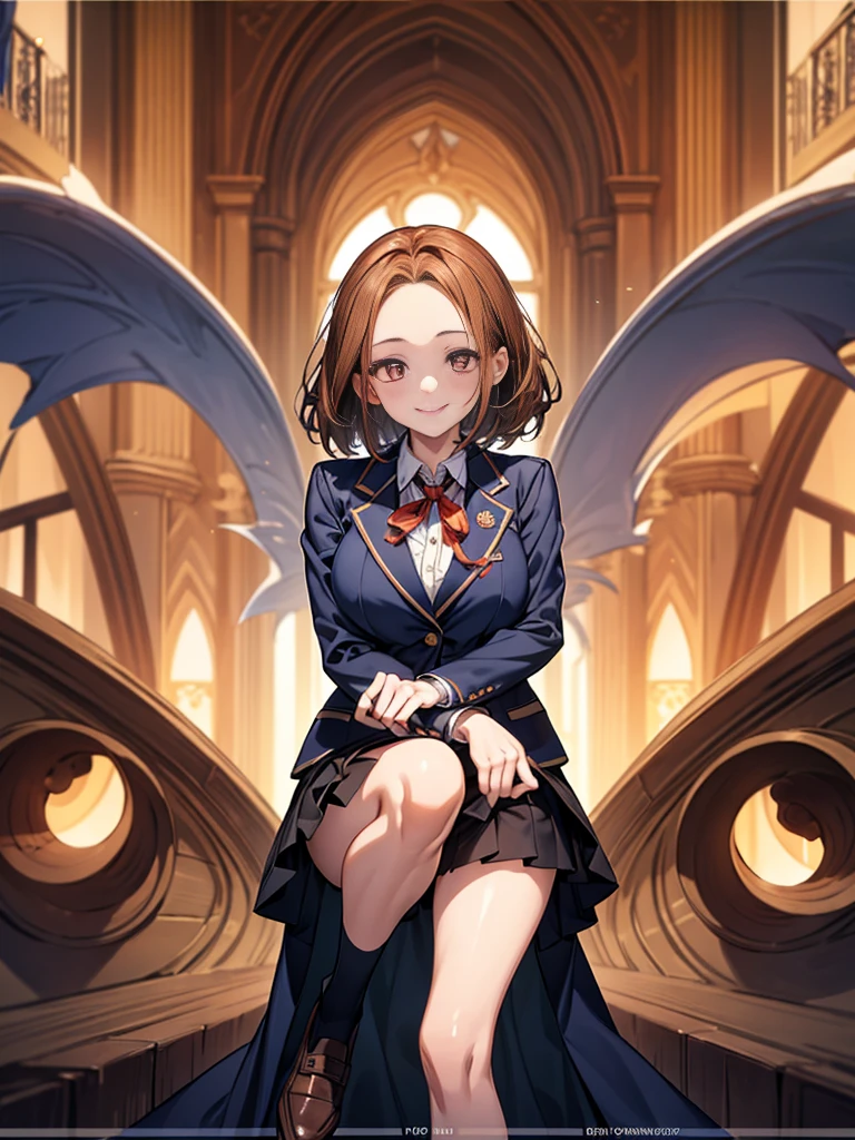 A girl emitting energy from her hands, Chestnut Hair, Bobcut,Half Up Hair,Large Breasts, smile, Droopy eyes, quiet,perspective, height: 165cm,High School Uniform,Navy Blue Blazer,White blouse,Orange ribbon tie,Gray knee-length flared skirt,Anime Style,Knee-length skirt,Healthy sex appeal,High resolution, Anatomically correct, 最High quality, corruption, detailed, High detailed, High resolutionモデル, High quality, quality, Very detaileded, 超High resolution, Textured skin, Exposed forehead,happiness, Viewfinder, smile, Multiview, A healing aura emanates from your hands