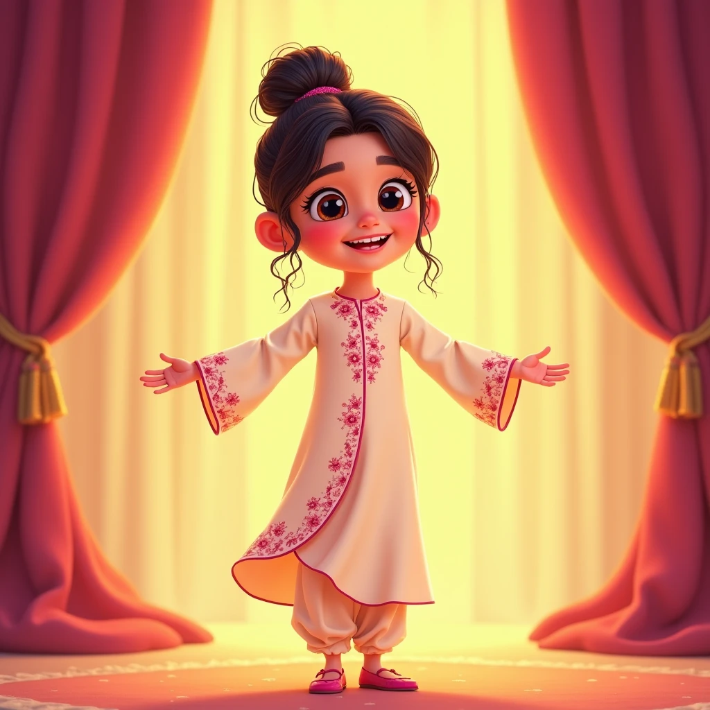 Lily, (highest quality, 4k, masterpiece:1.3), A young Pakistani Muslim girl wearing a traditional cream shalwar kameez with pink floral embroidery, her hair styled in a neat bun with loose strands framing her face, as seen in previous images. She stands with both arms wide open, smiling broadly as if welcoming an audience. She is in a 2D animation style, with bright colors, cartoonish features, and soft, smooth shading. The background shows soft curtains, warm stage lighting, and a playful, joyful atmosphere. Clear outlines, simple textures, and an illustrated, digital painting look. (Cream shalwar kameez, pink floral embroidery, consistent outfit:1.3), (same hairstyle as before:1.3)