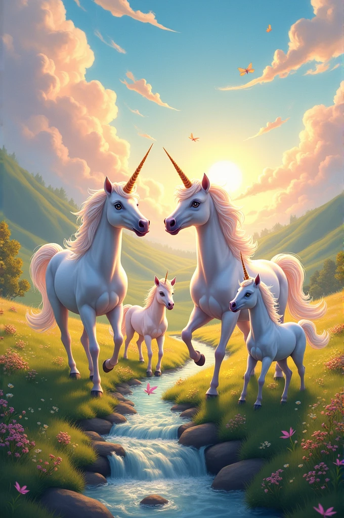 family of unicorns playing in a field