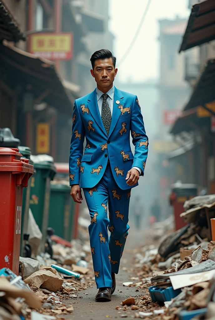 An Asian man wearing a blue dog-patterned suit walks through a pile of garbage.