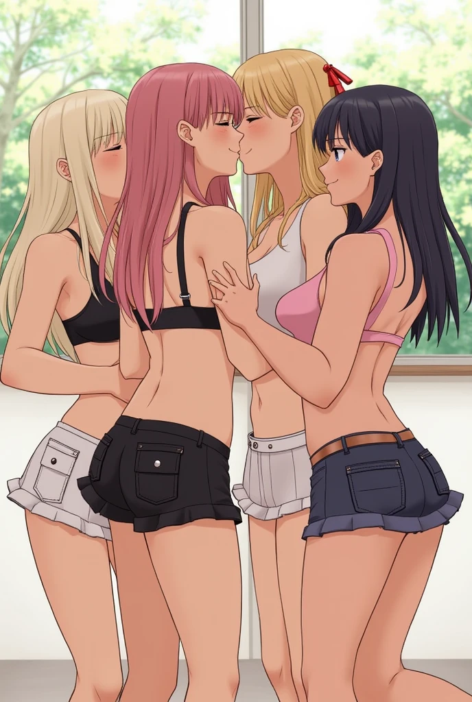 Four girls in short skirts and panties kissing 