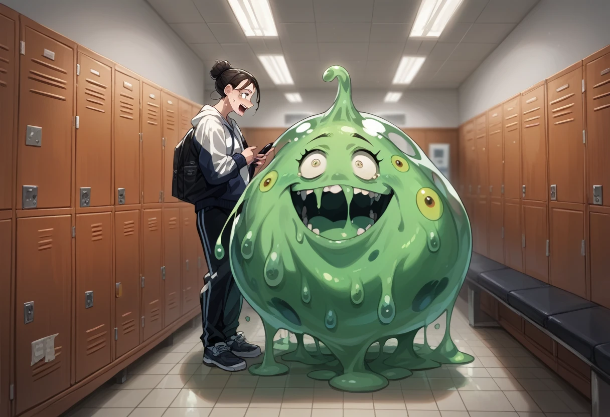 (slime vore) Three gorgeous women (varied height, varied weight, varied race, dressed appropriate to the scene, crazy hairdo, crazy jewelry, tend towards fit and hourglass figure) they are scared and struggling a steamy women's locker room, being caught by tentacles which forcefully restrain their arms and legs while being absorbed by horror monster 'The Blob', damsel in distress, damsel demise. One woman is live streaming about how scared she is while holding her cell phone