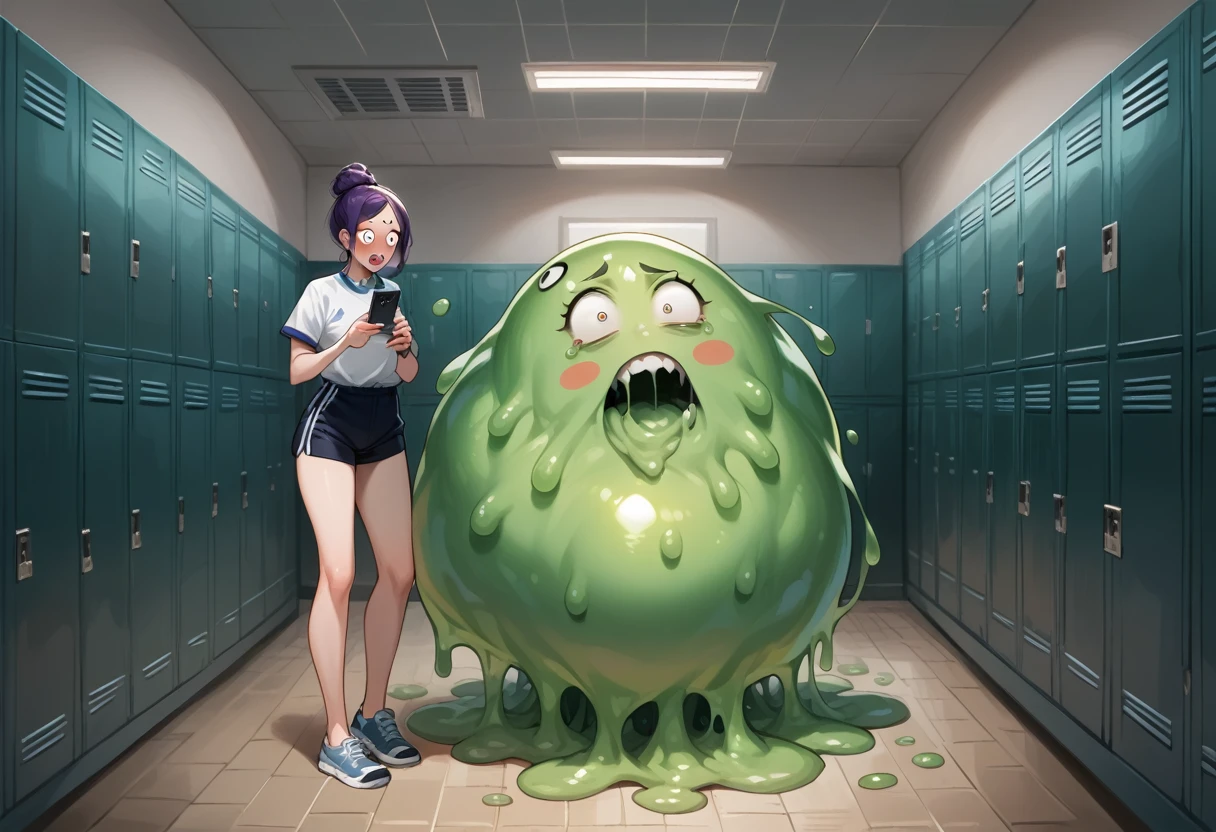 (slime vore) Three gorgeous women (varied height, varied weight, varied race, dressed appropriate to the scene, crazy hairdo, crazy jewelry, tend towards fit and hourglass figure) they are scared and struggling a steamy women's locker room, being caught by tentacles which forcefully restrain their arms and legs while being absorbed by horror monster 'The Blob', damsel in distress, damsel demise. One woman is live streaming about how scared she is while holding her cell phone