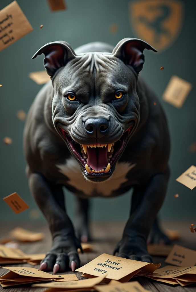 A big strong dark grey pitbull dog, Jumpy face, snarling, showing teeth, Jumpy, around one of the dogs'the eyes a white star is tattooed. written envelopes, a logo or shield for a team