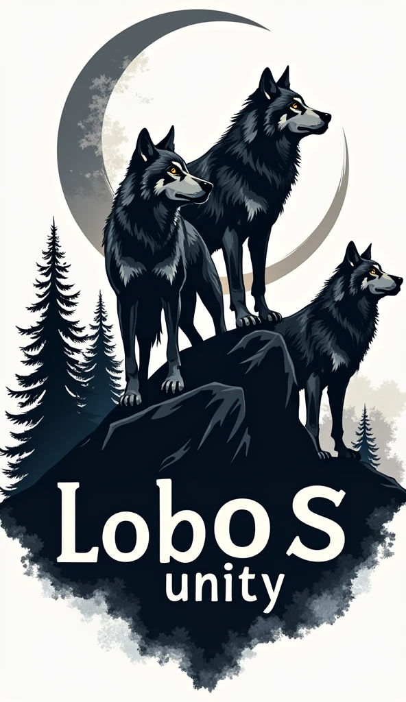 Create a logo for me with 3 wolves on top of a hill with a forest and a moon in the background., with the name "lobos" below the wolves and the name "unity" abaixo do nome lobos, with black and white as the main colors