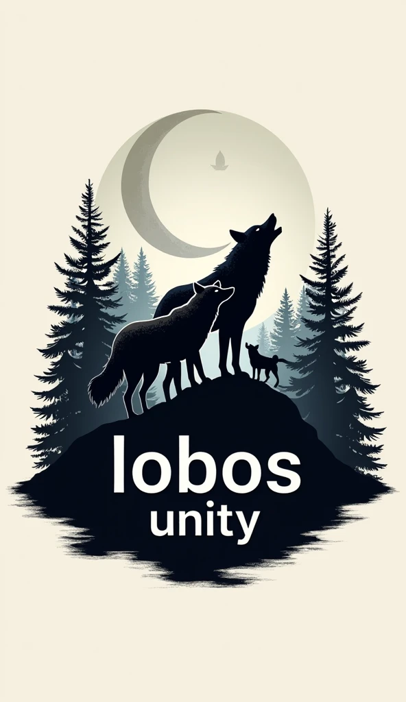 Create a logo for me with 3 wolves on top of a hill with a forest and a moon in the background., with the name "lobos" below the wolves and the name "unity" abaixo do nome lobos, with black and white as the main colors